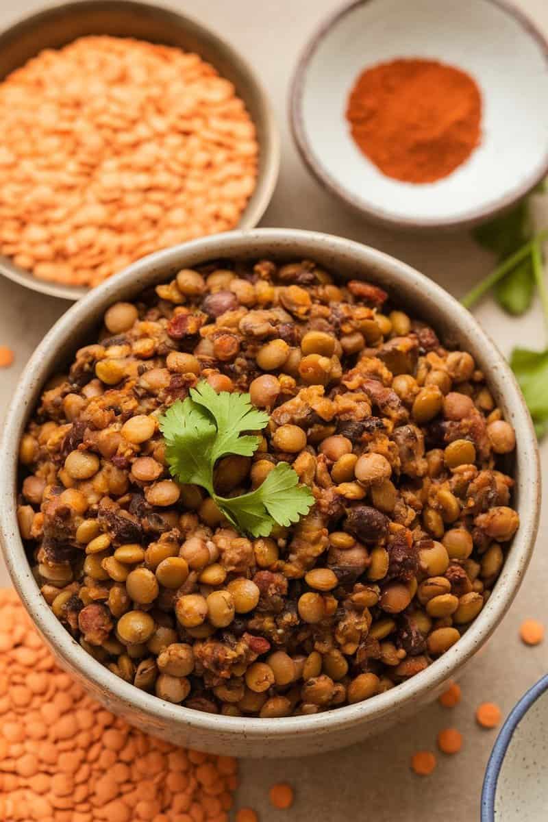 Bowl of spiced lentil stuffing with fresh herbs and surrounding ingredients.