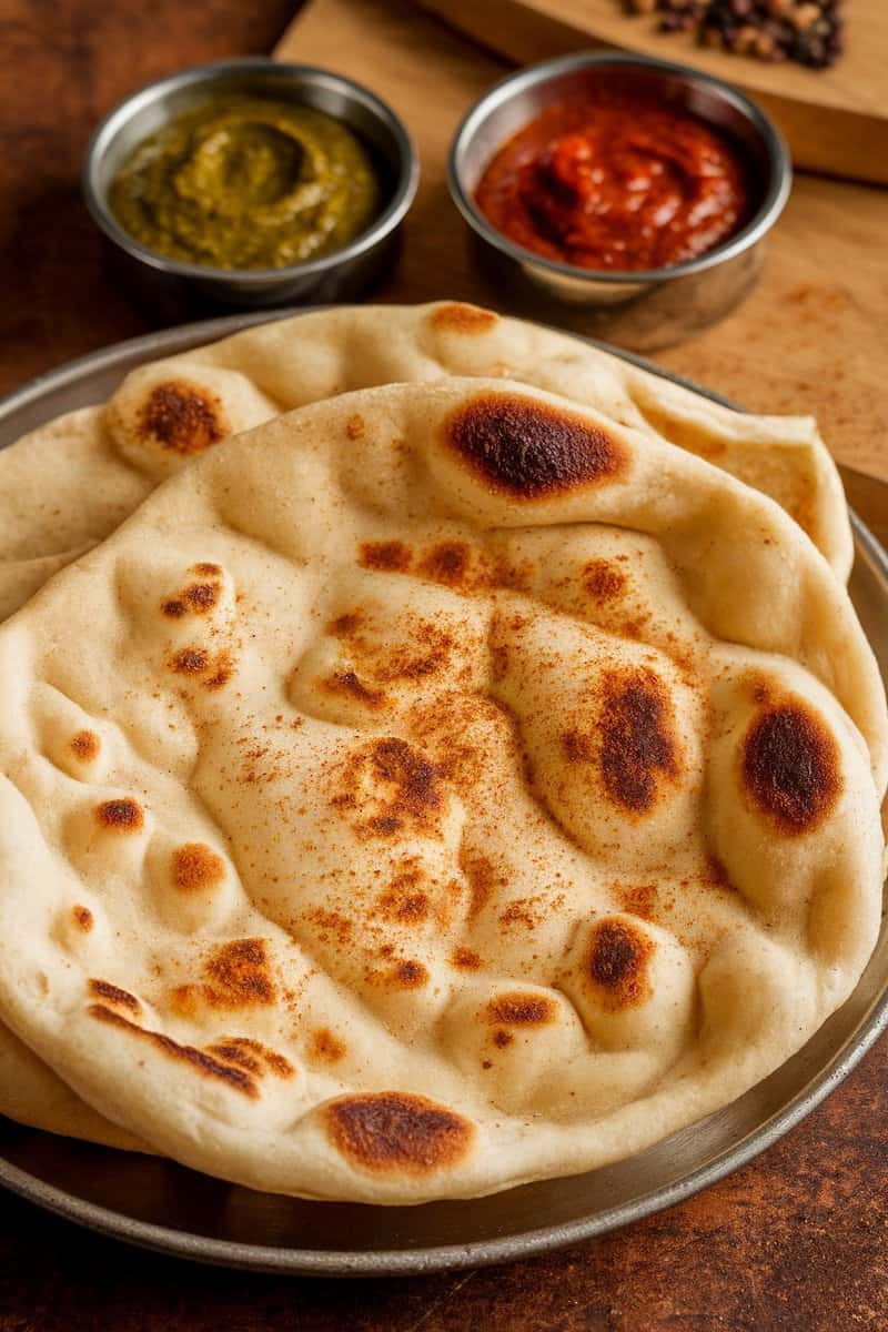 Delicious spiced naan bread served with sauces