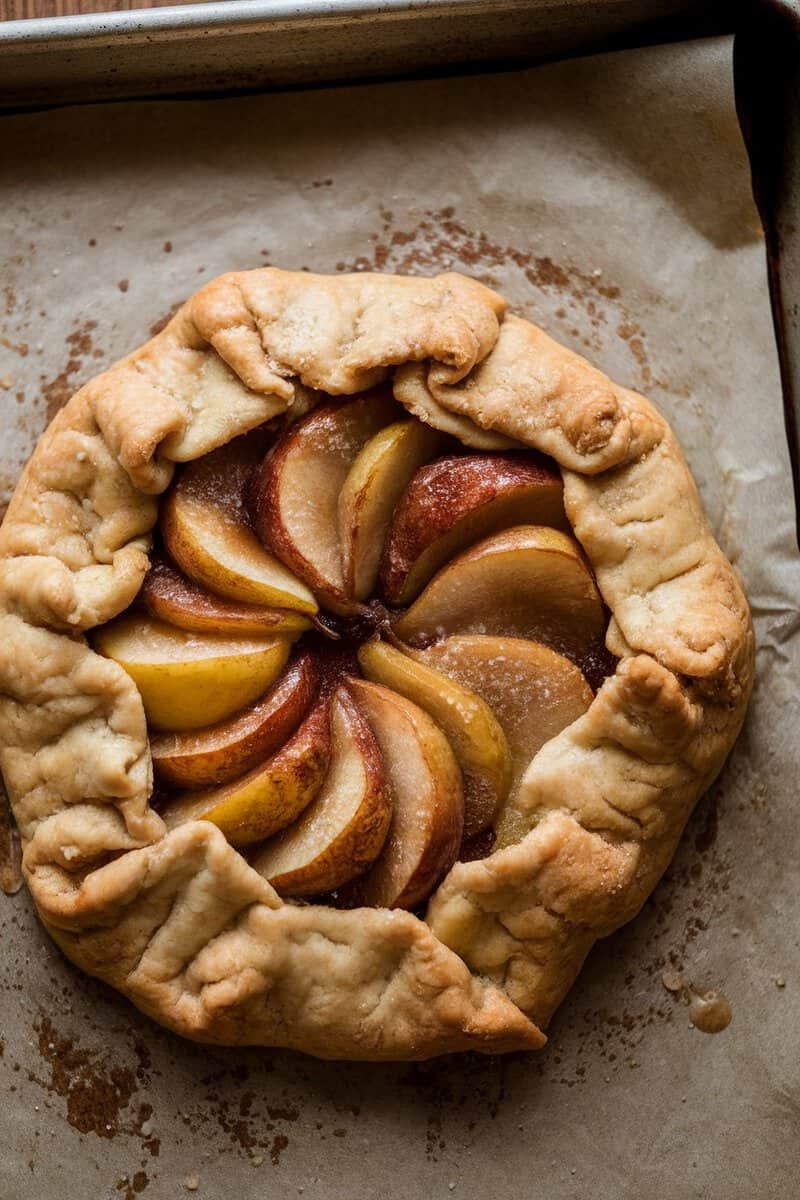 A delicious spiced pear galette, showcasing golden-brown crust and beautifully arranged pear slices.