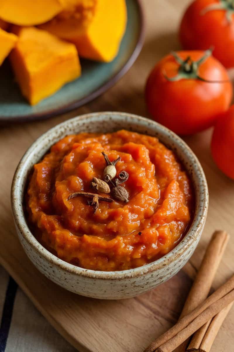 A bowl of spiced pumpkin and tomato chutney garnished with spices, surrounded by fresh tomatoes and pumpkin.