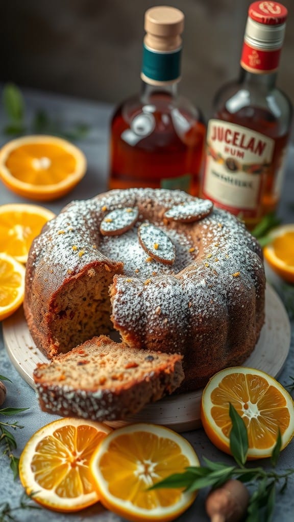 A beautifully baked spiced rum fruitcake with citrus zest, displayed on a plate surrounded by fresh oranges and a bottle of rum.