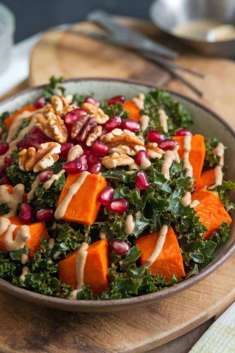 A vibrant salad featuring roasted sweet potatoes, kale, pomegranate seeds, and walnuts, drizzled with tahini dressing.