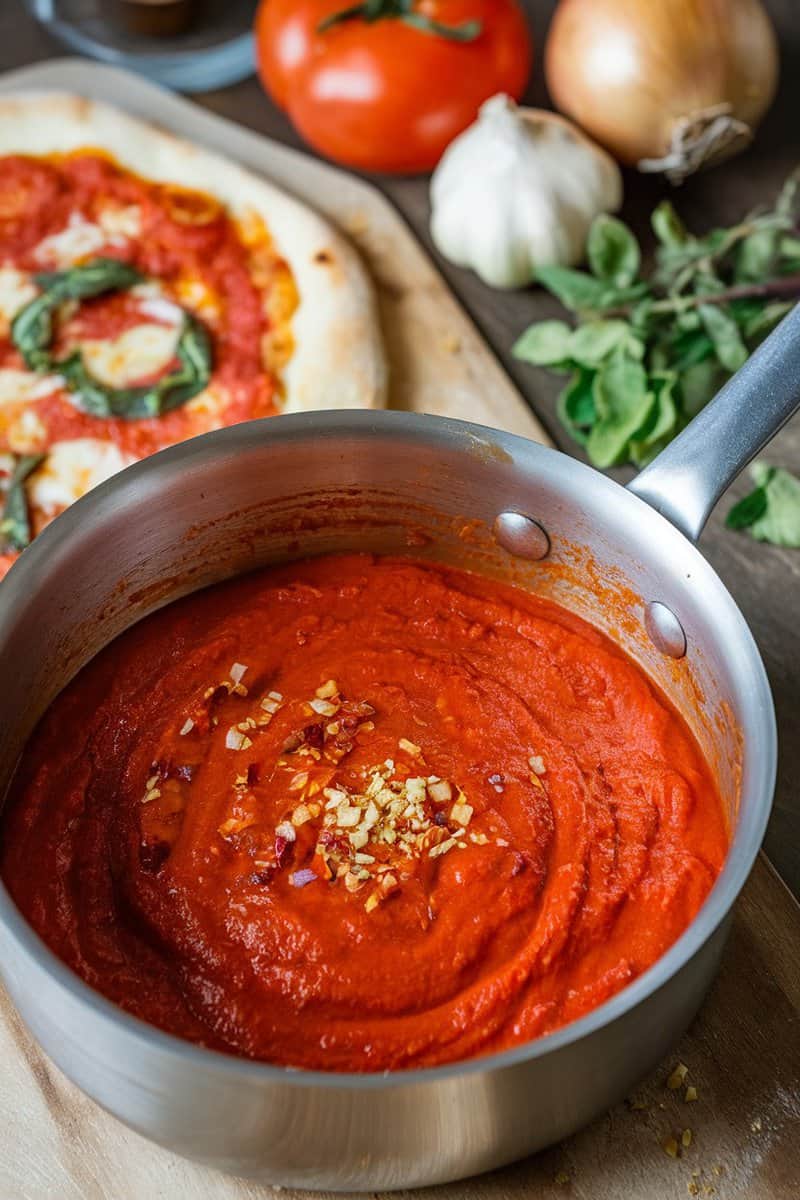 A pot of spicy Arrabbiata sauce with fresh ingredients nearby, ready for pizza.