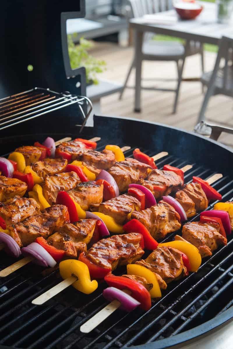 Grilled spicy BBQ chicken skewers with colorful peppers and onions on a barbecue grill.