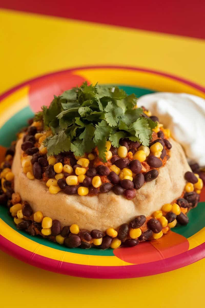 A colorful dish featuring a pudgy pie filled with black beans and corn, topped with fresh cilantro.