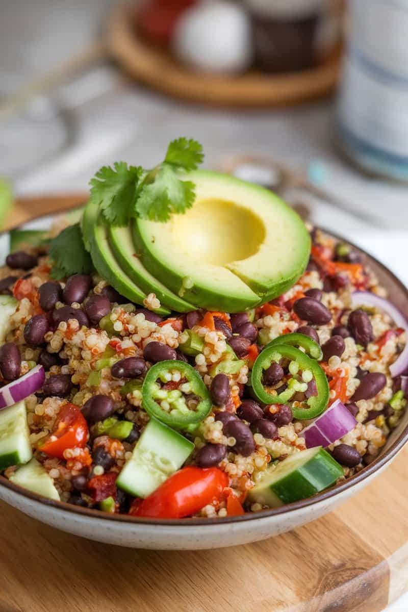 A colorful bowl of Spicy Black Bean and Quinoa Salad topped with sliced avocado and cilantro.