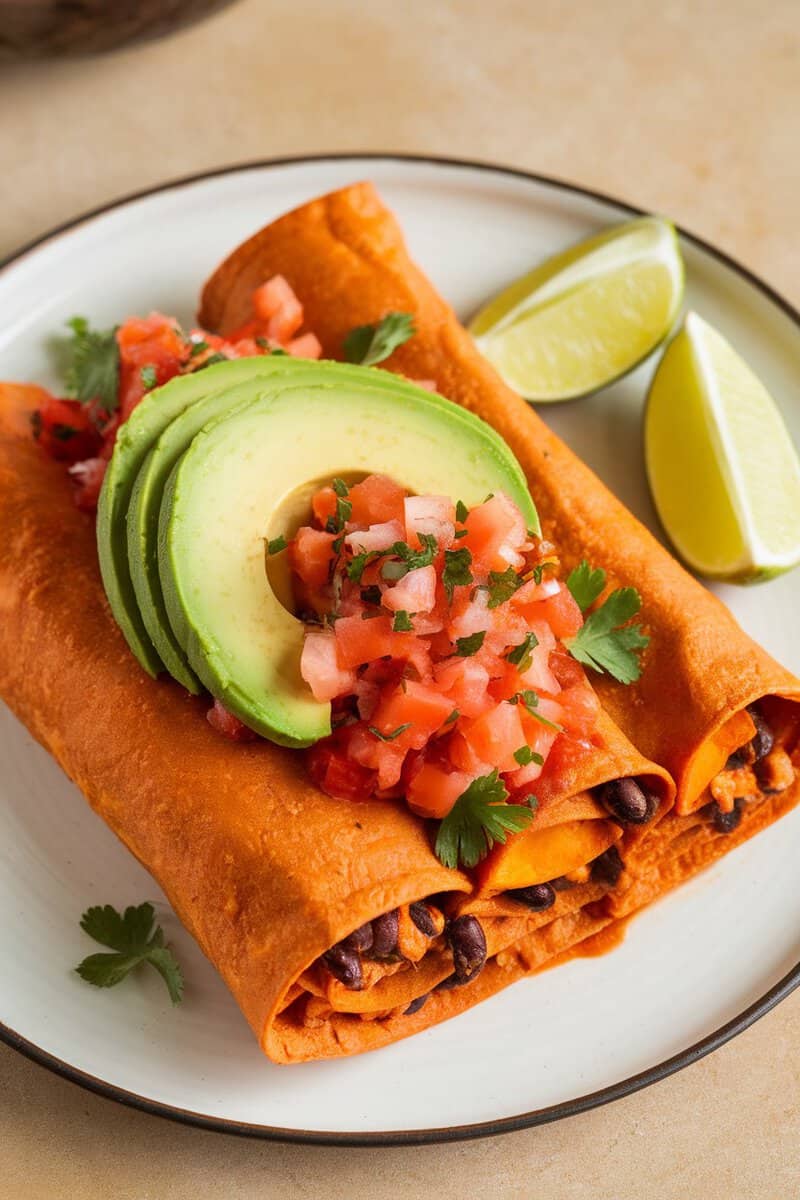 A plate of spicy black bean and sweet potato enchiladas topped with avocado and salsa, accompanied by lime wedges.