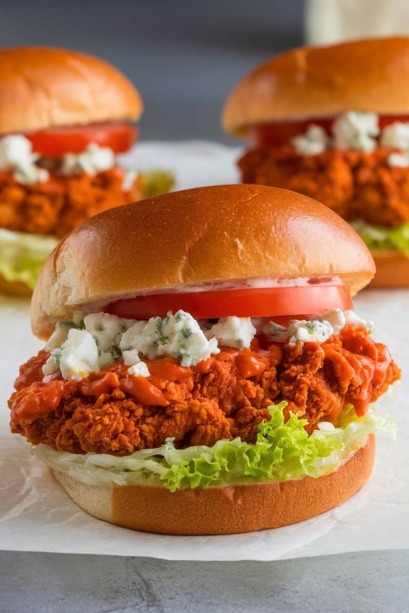 A spicy buffalo chicken sandwich with lettuce, tomato, and blue cheese on a soft bun.