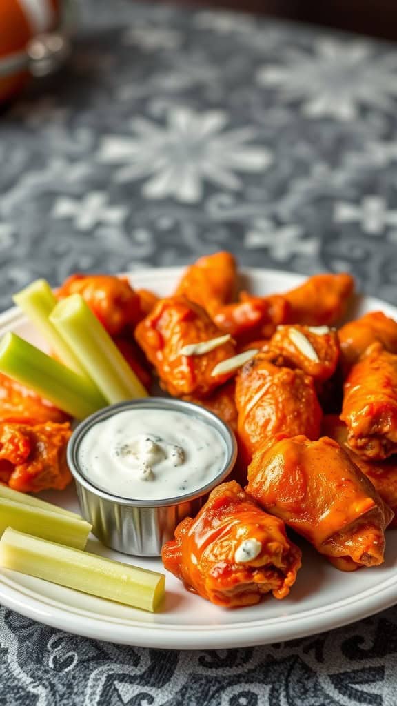 Delicious spicy buffalo chicken wings served with celery and dipping sauce.