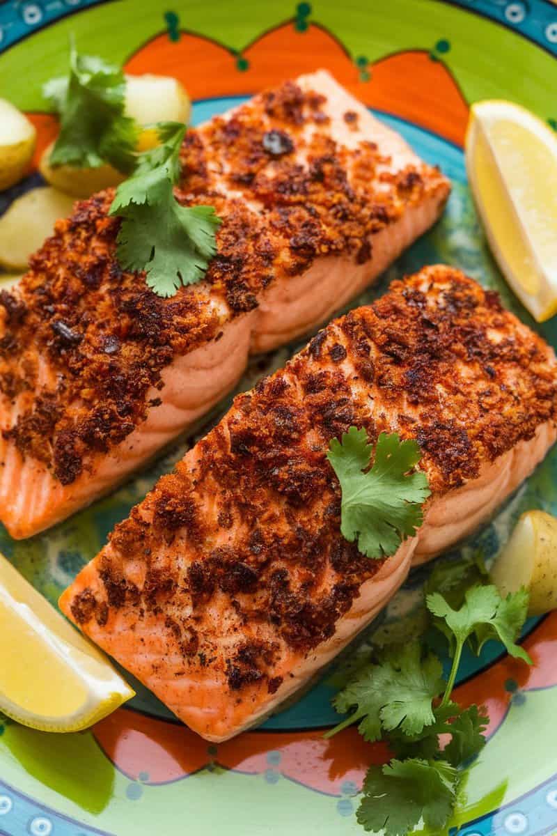 Spicy Cajun Baked Salmon Fillets garnished with cilantro and lemon