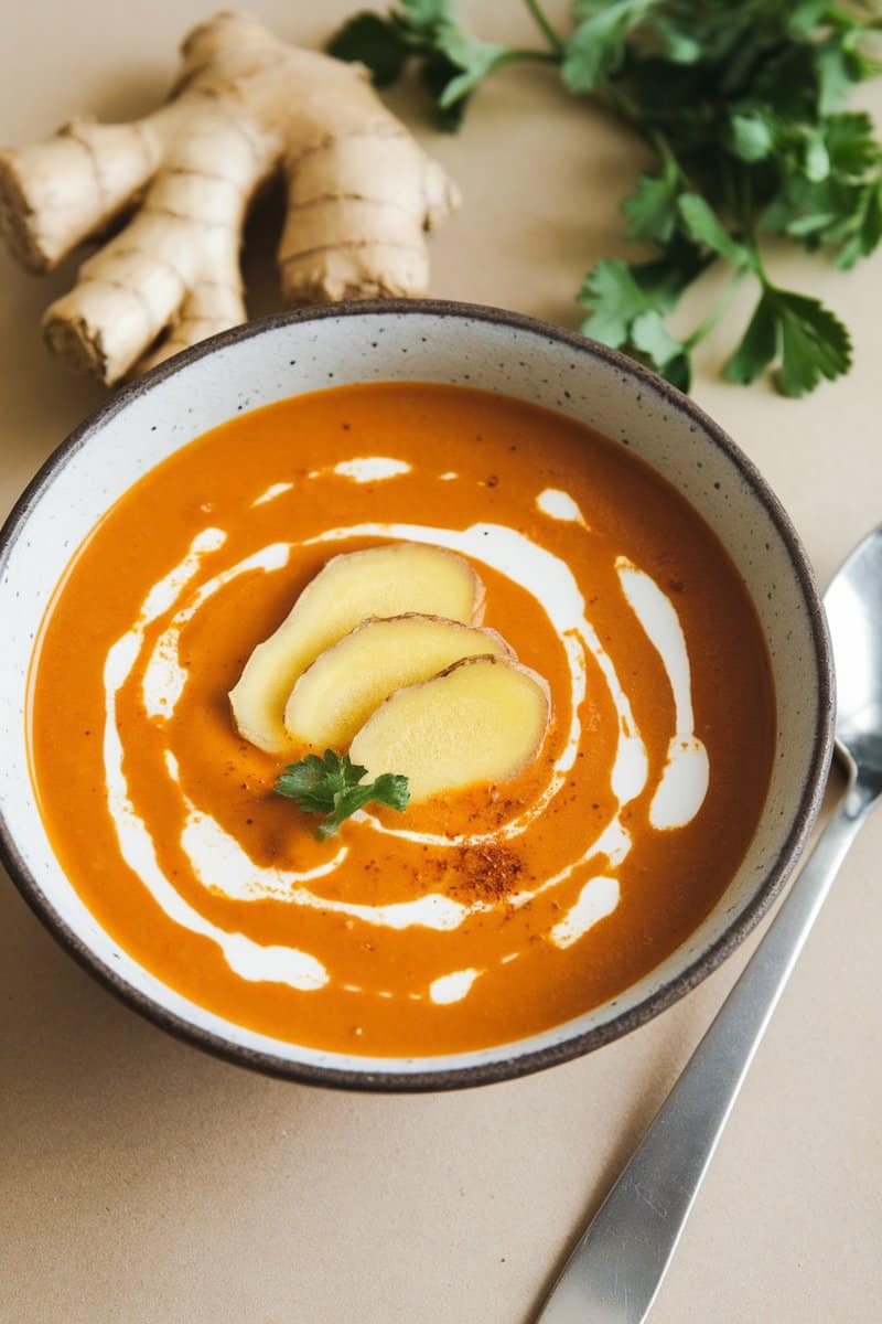 A bowl of spicy carrot ginger soup garnished with ginger slices and cilantro.