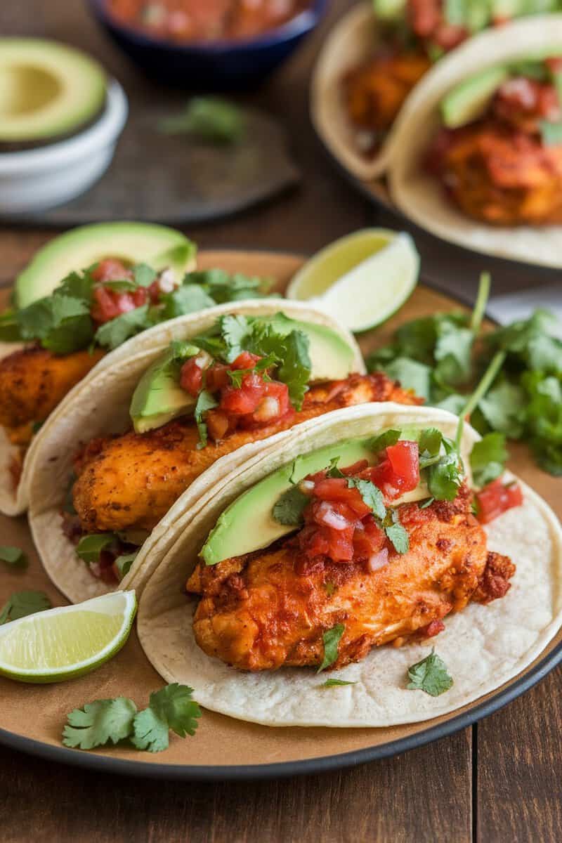 Delicious spicy chicken thigh tacos with avocado, salsa, and cilantro on a plate.