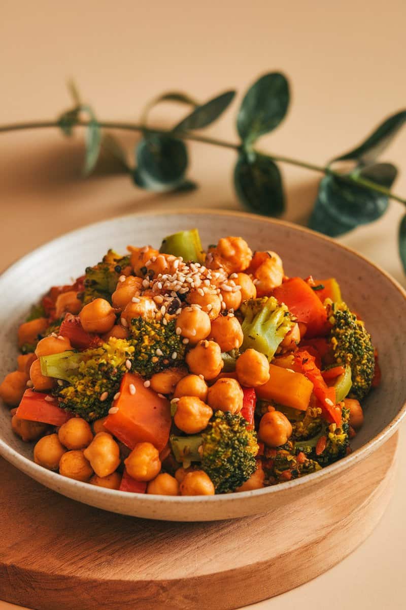 A bowl of spicy chickpea stir-fry with broccoli and bell peppers, garnished with sesame seeds.