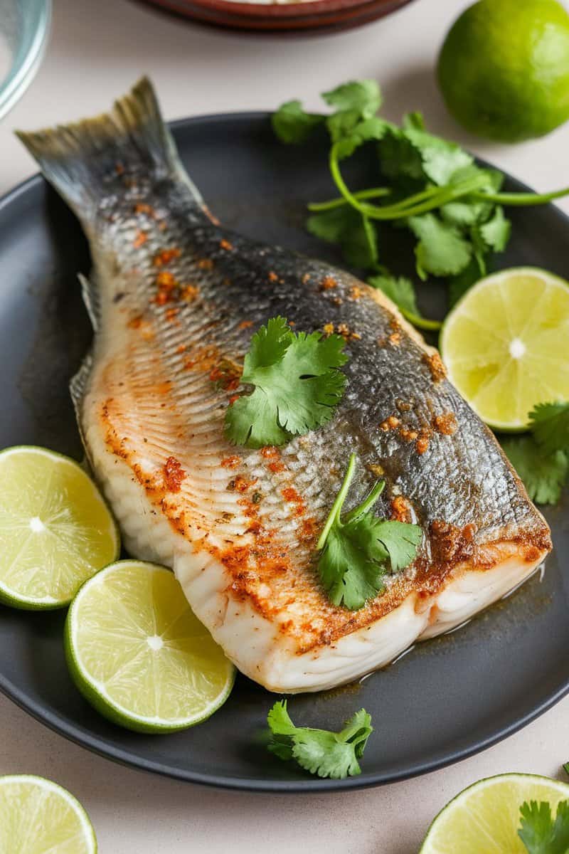 A beautifully baked filet of sole garnished with cilantro and lime slices.