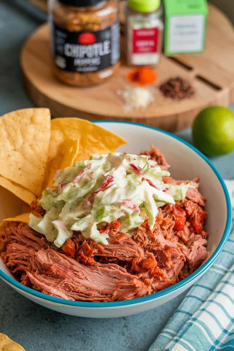 A bowl of spicy chipotle pulled pork topped with coleslaw and served with tortilla chips.