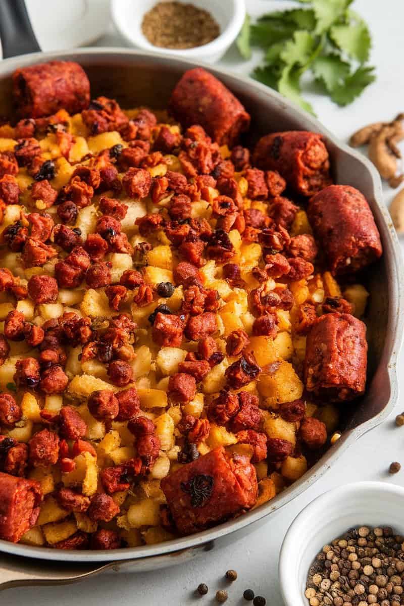 A skillet filled with spicy chorizo-style stuffing topped with crispy bits and surrounded by spices.