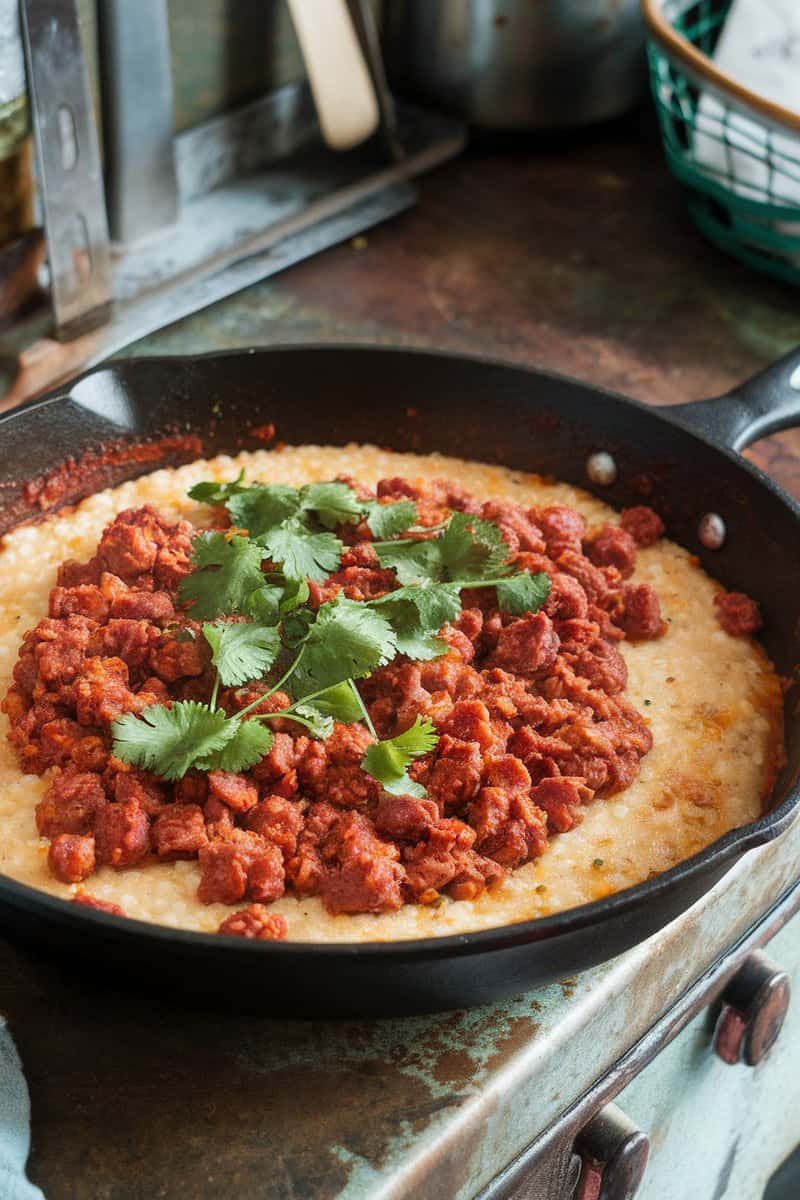 A skillet filled with creamy grits topped with spicy chorizo and garnished with cilantro.