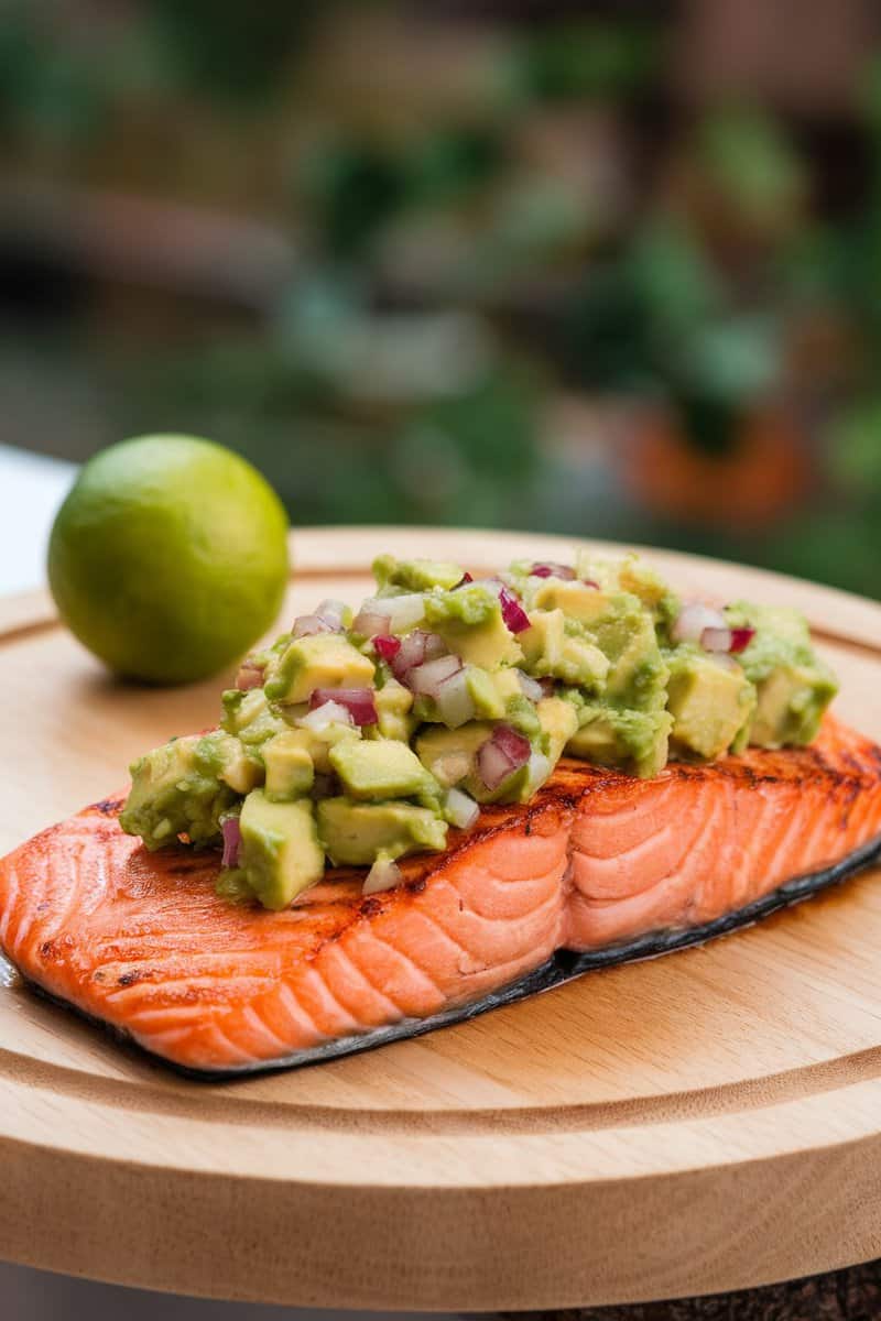 Spicy grilled salmon topped with avocado salsa on a wooden plate