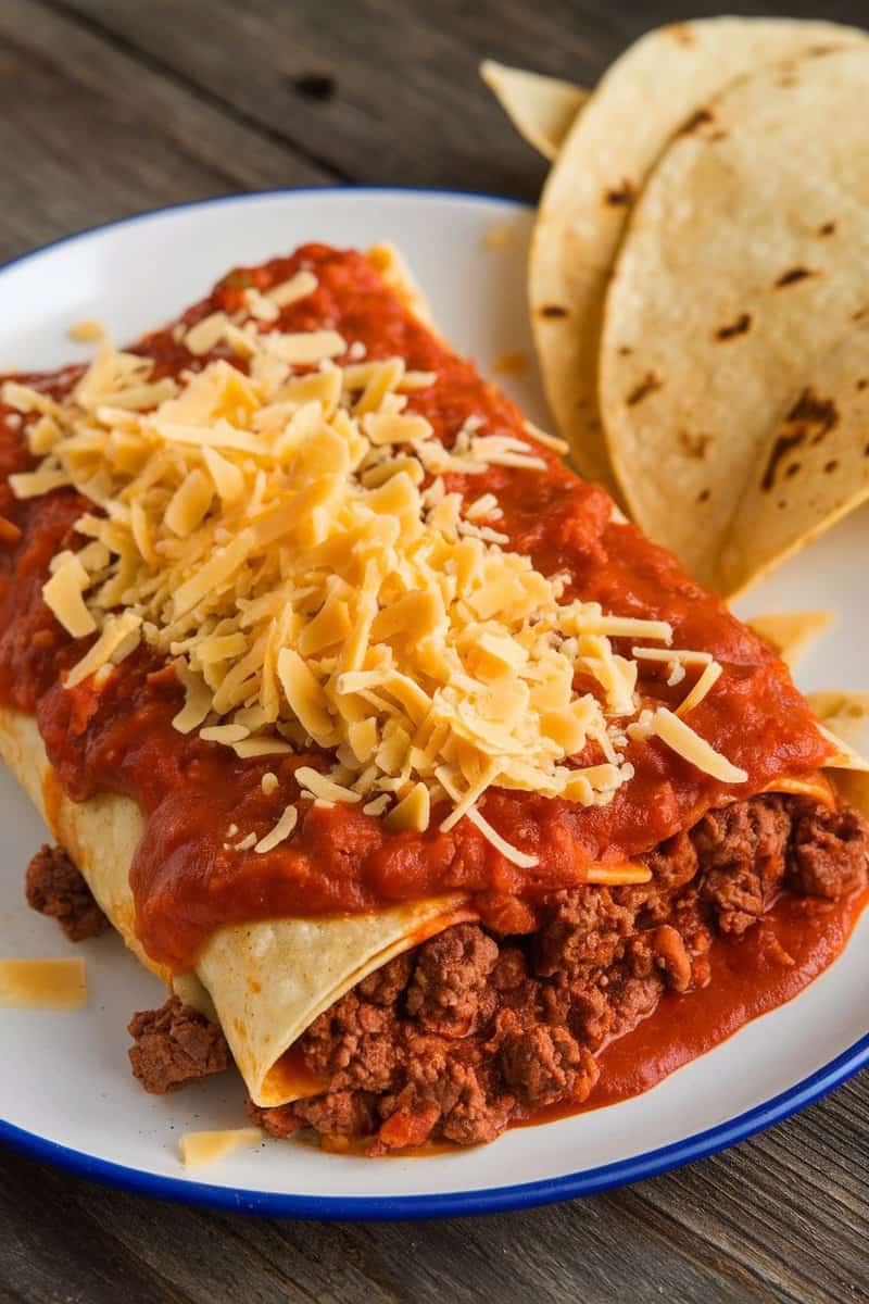 Plate of spicy enchiladas topped with cheese and served with tortillas.