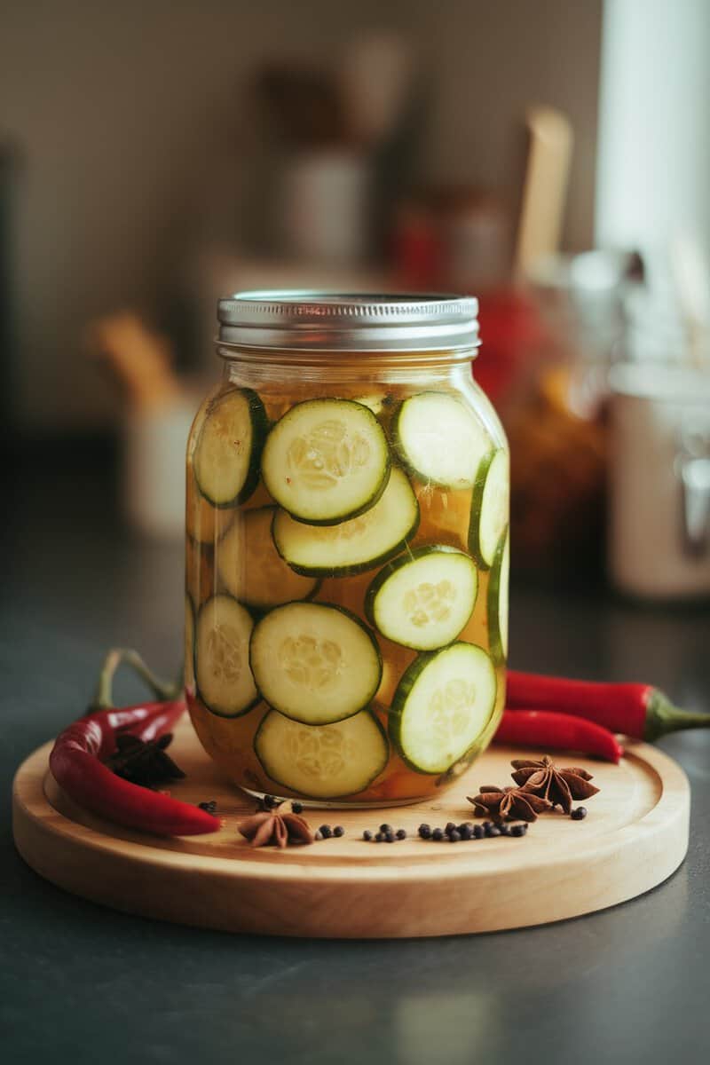 Spicy lemon cucumber fermentation in a glass jar with chili peppers and spices