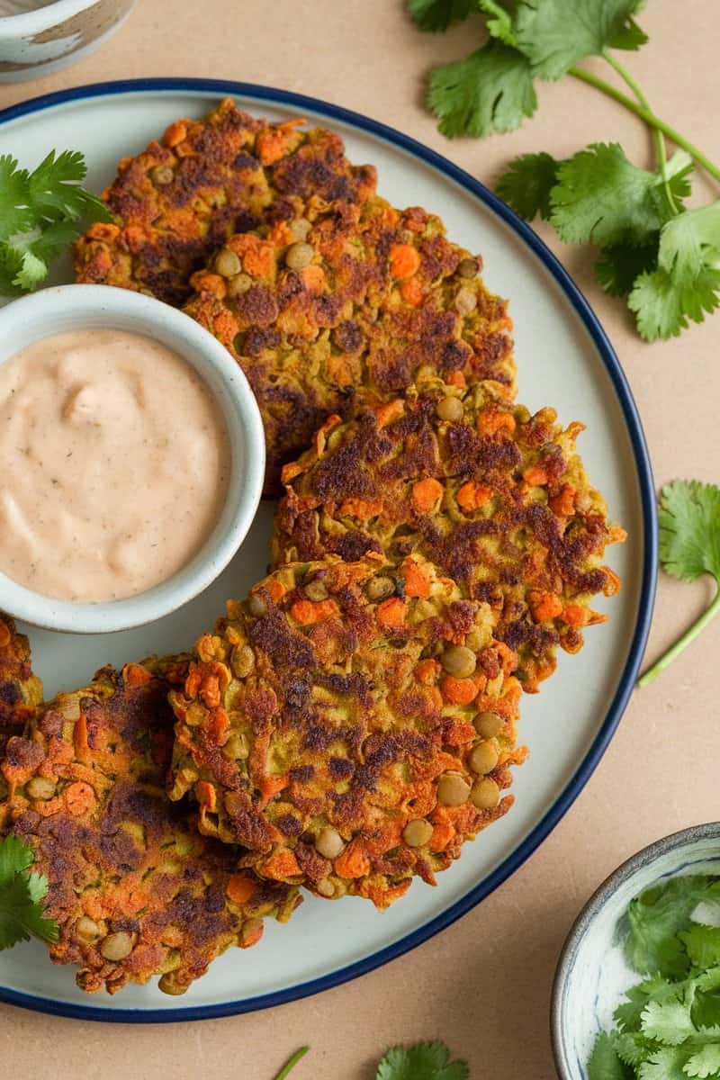 Spicy lentil and carrot patties served with a dipping sauce and garnished with fresh cilantro.