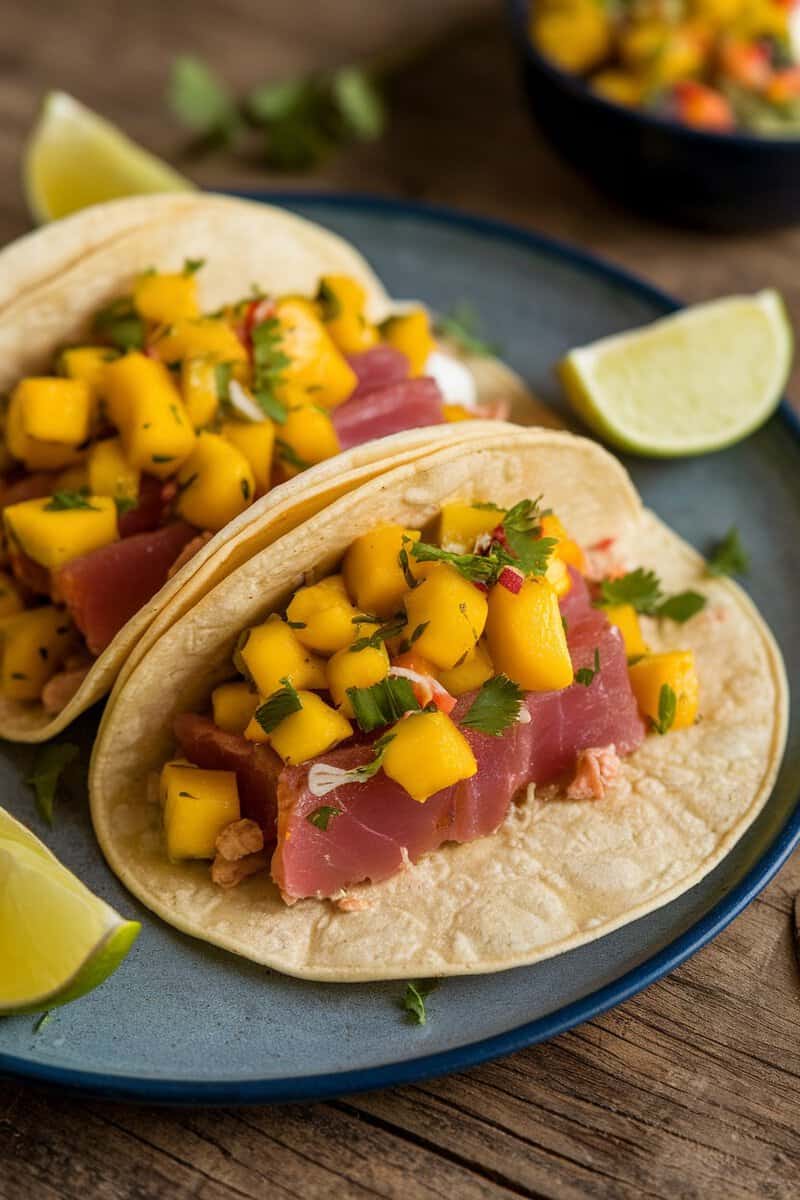 Spicy Mango Salsa Tuna Tacos with fresh ingredients