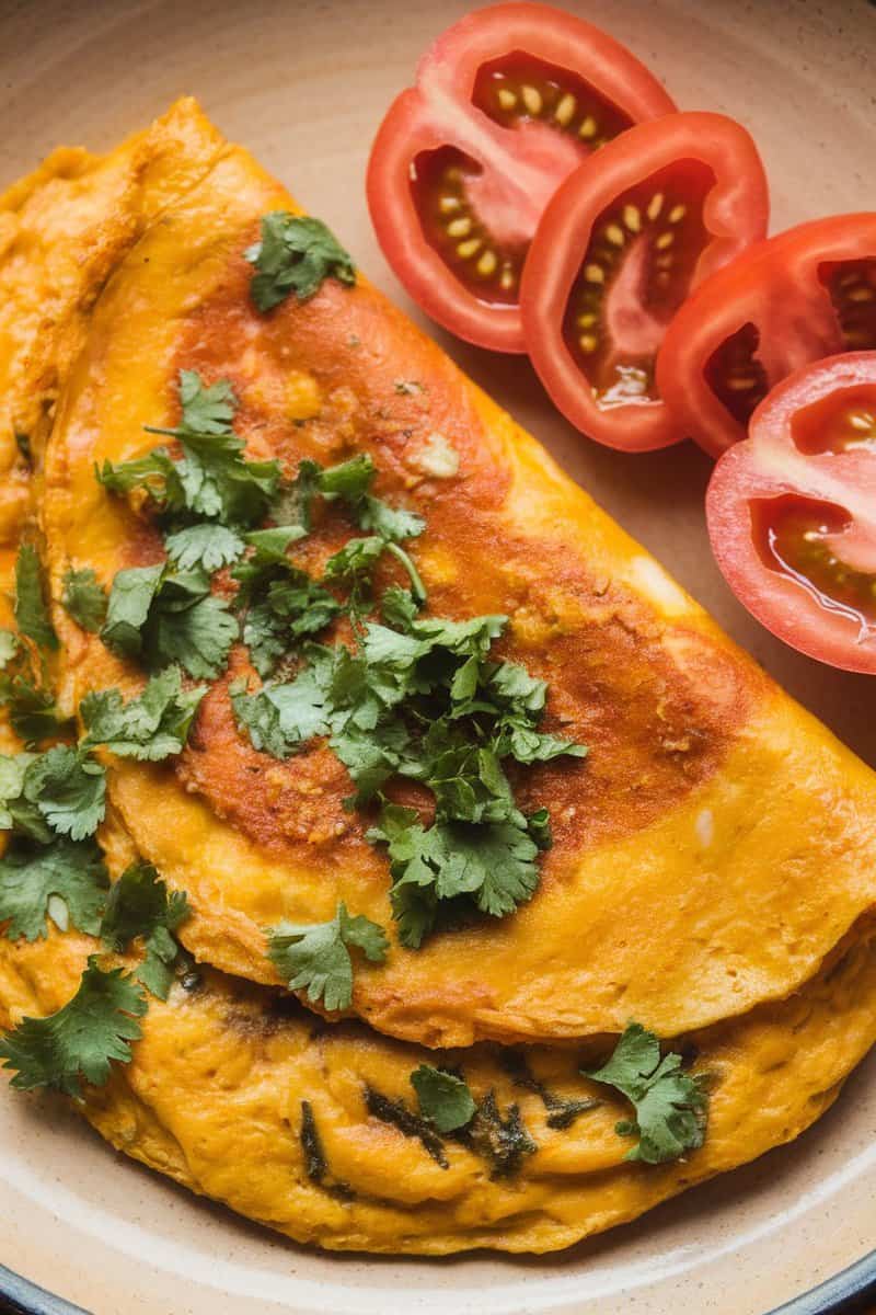 Spicy Masala Omelette garnished with cilantro and served with sliced tomatoes