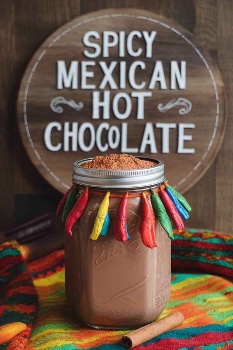 A jar filled with Mexican hot chocolate mix, decorated with colorful fabric and spices.