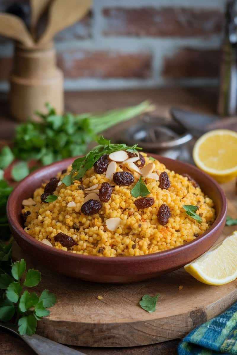 A bowl of Spicy Moroccan Couscous with Raisins, garnished with parsley and almonds.