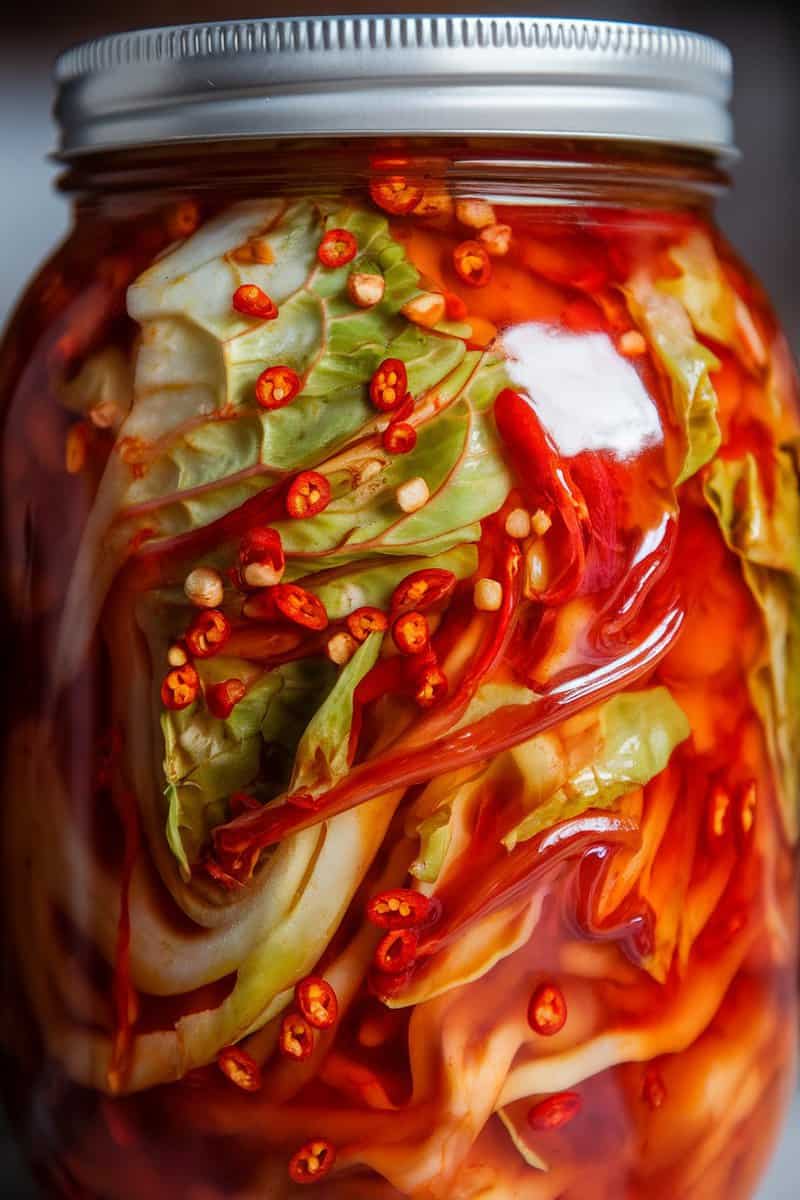 A jar filled with colorful spicy napa cabbage kimchi, showcasing layers of cabbage and spices.