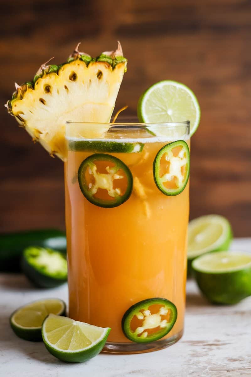 A refreshing glass of spicy pineapple juice with jalapeño slices and a pineapple wedge on the rim.