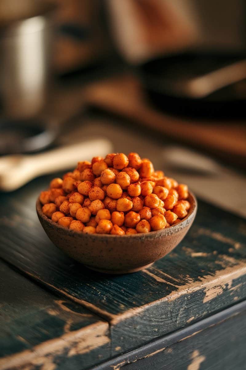 Bowl of spicy roasted chickpeas sprinkled with paprika on a wooden table