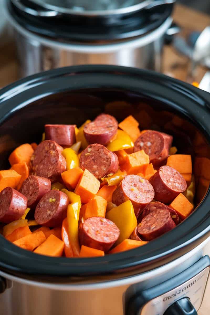 A slow cooker filled with sliced sausage, diced sweet potatoes, and chopped bell peppers.