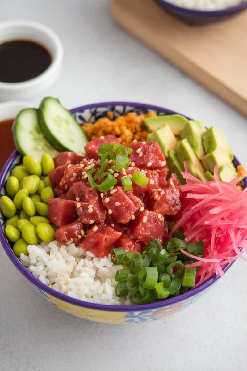 A colorful bowl of spicy sesame tuna poke with rice, avocado, edamame, and vegetables.