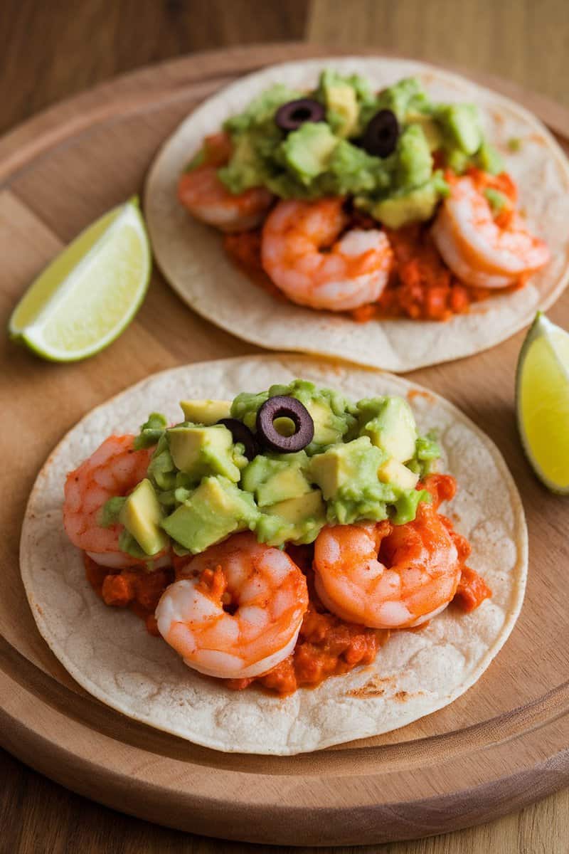 Spicy shrimp tacos topped with avocado salsa on a wooden platter