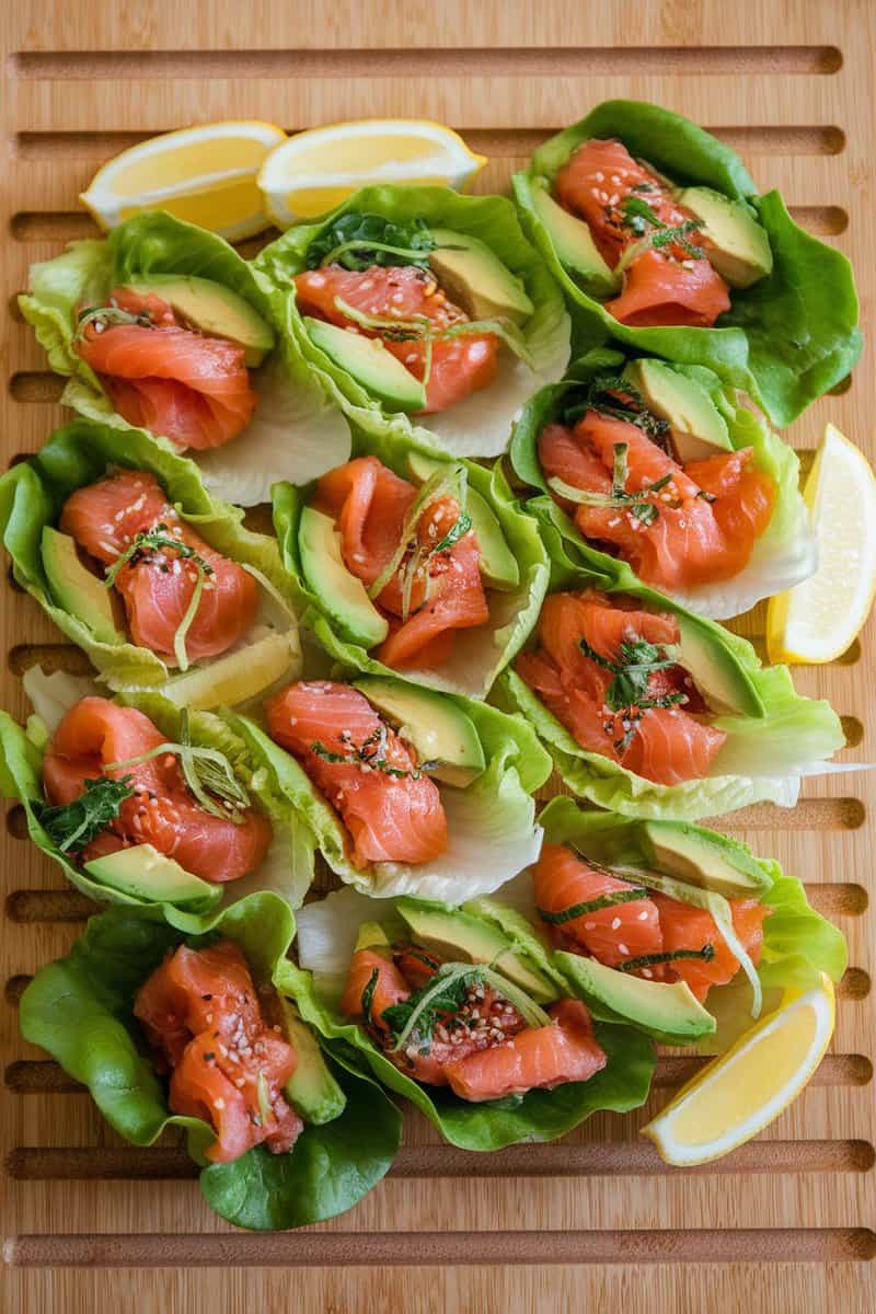 Spicy smoked salmon and avocado lettuce wraps arranged on a wooden board.