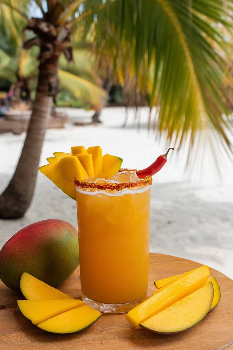 A refreshing mango cooler with a spicy twist, garnished with mango slices and a chili pepper.