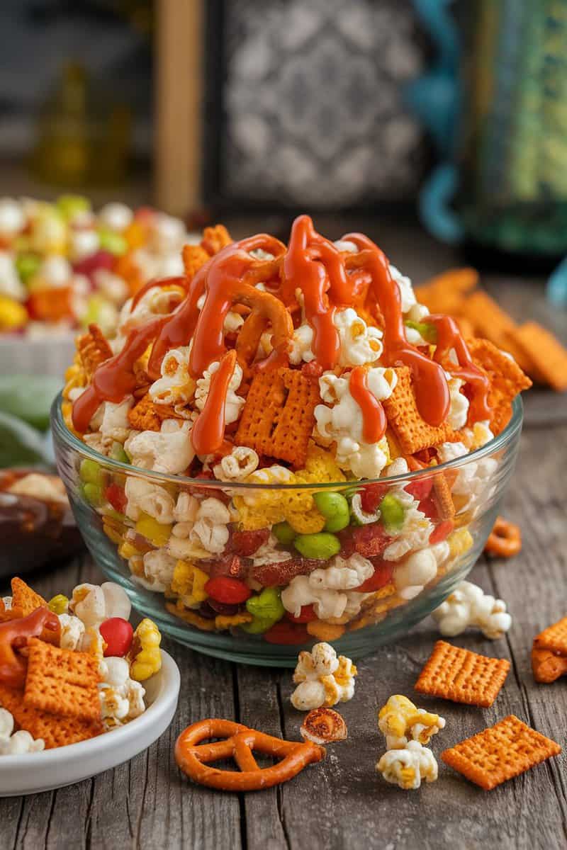 A bowl of colorful Spicy Sriracha Chex Mix topped with sauce, surrounded by more snack ingredients.