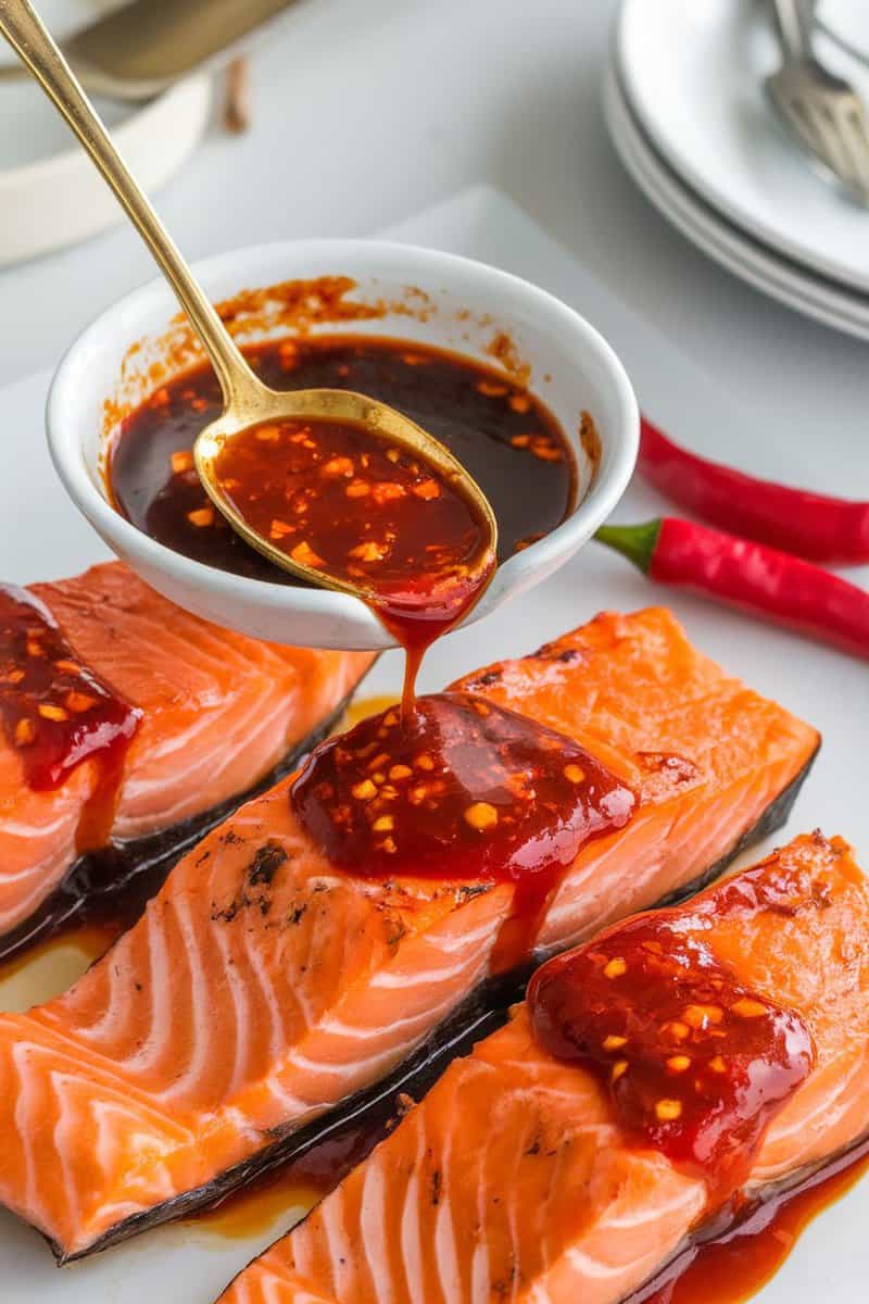 A bowl of spicy Sriracha teriyaki sauce with salmon fillets on a wooden surface.