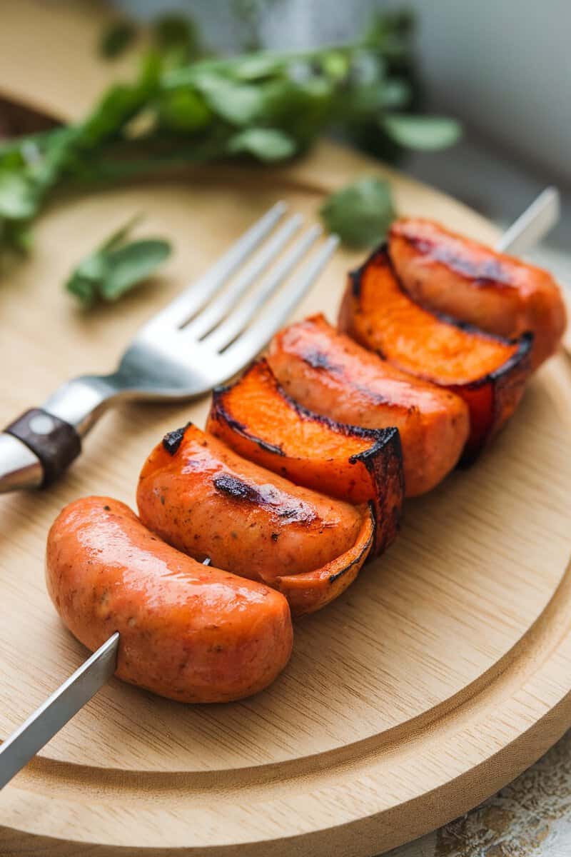 Grilled sausage and sweet potato skewers on a wooden plate