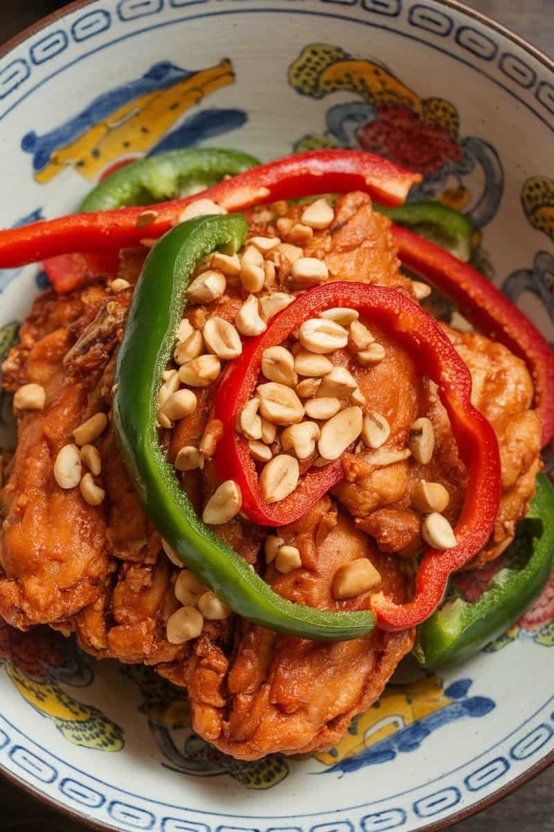 A colorful bowl of Spicy Szechuan Chicken garnished with red and green peppers and peanuts