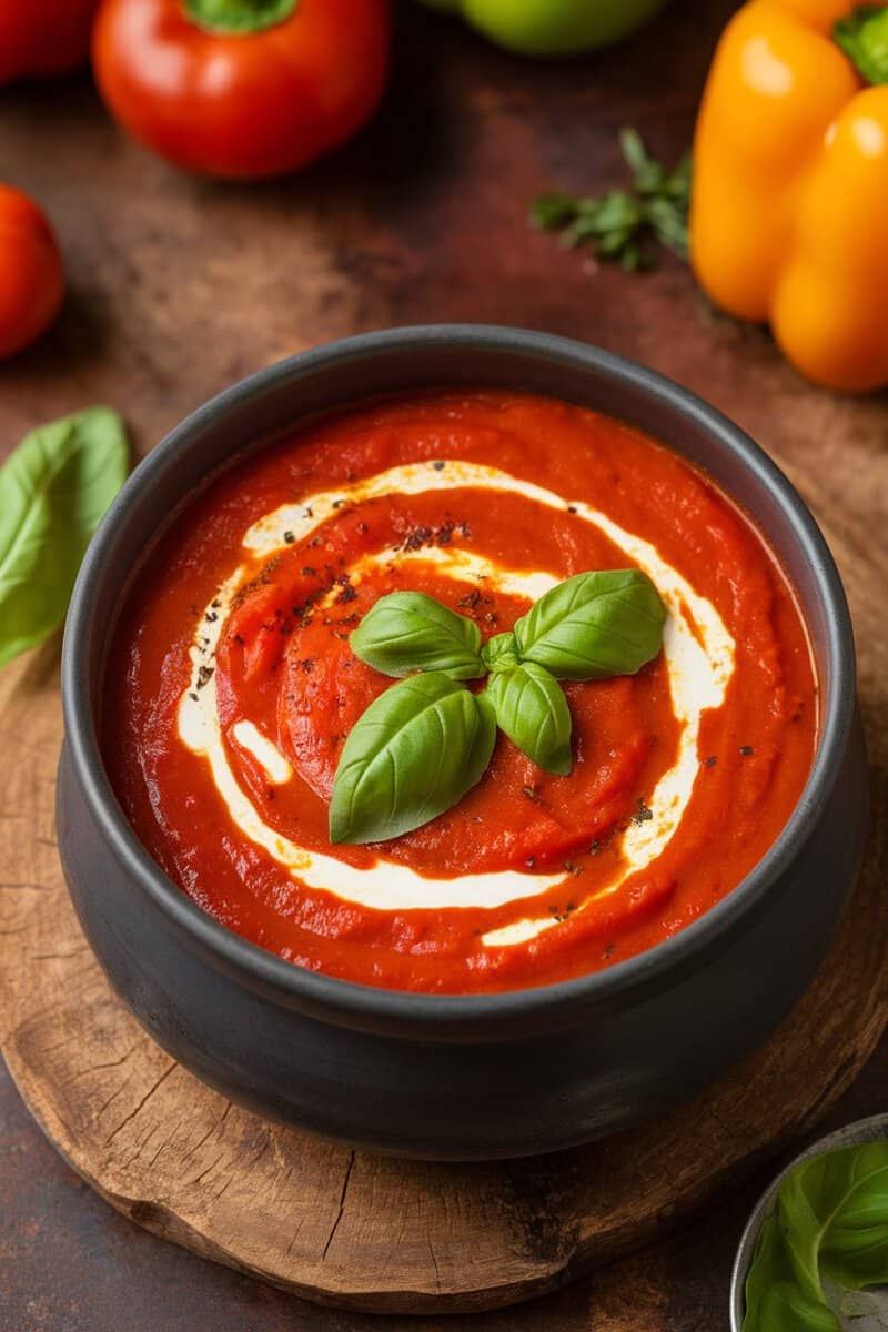 A bowl of Spicy Tomato and Bell Pepper Soup garnished with basil and a swirl of cream.