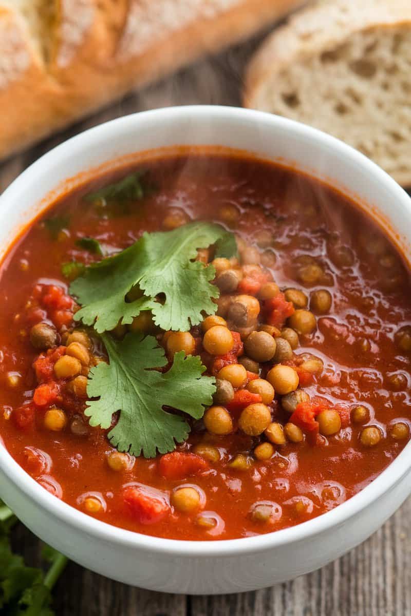 A bowl of spicy tomato and lentil soup garnished with cilantro.