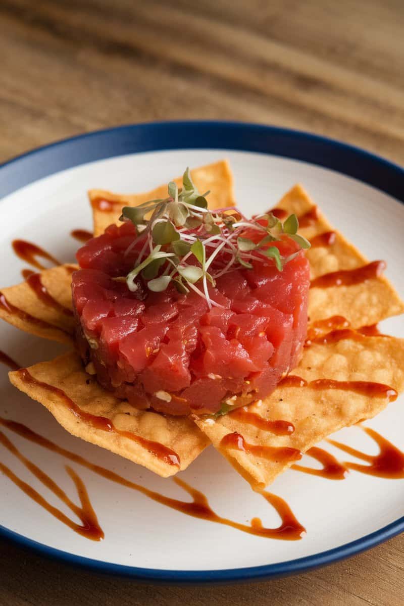 A dish of spicy tuna tartare presented on crispy wontons, garnished with microgreens and drizzled with sauce.