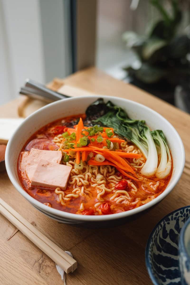 A bowl of spicy vegan ramen with tofu and vegetables, featuring curly noodles, sliced carrots, bok choy, and green onions.