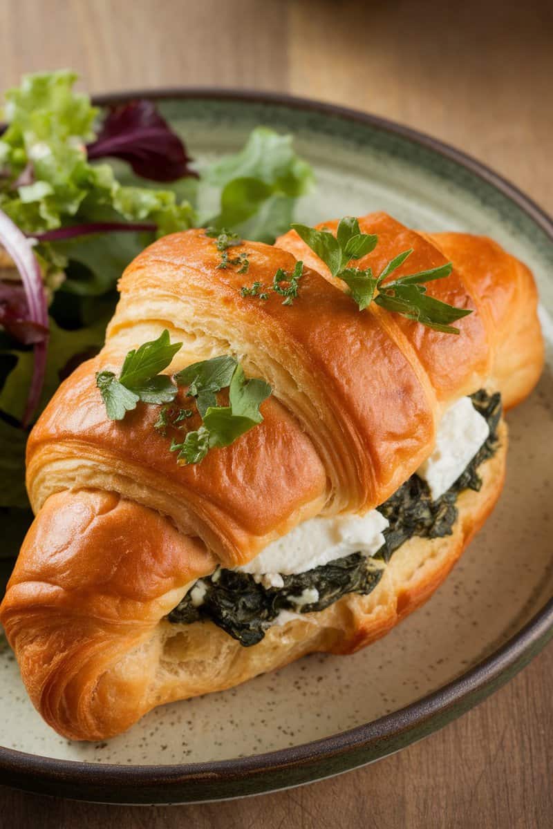 A delicious spinach and feta croissant served with a side salad