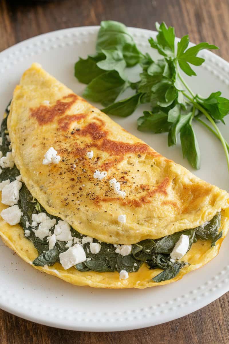 A delicious spinach and feta omelette served on a white plate with fresh herbs