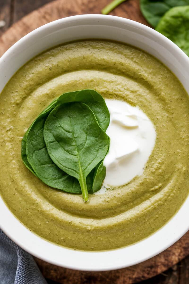 A creamy Spinach and Leek Soup topped with fresh spinach leaves and a dollop of sour cream.