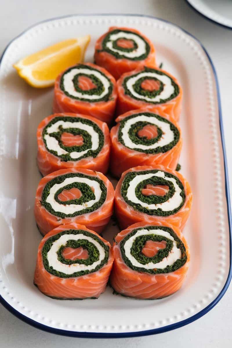 Delicious spinach and ricotta stuffed salmon rolls served with lemon slices.