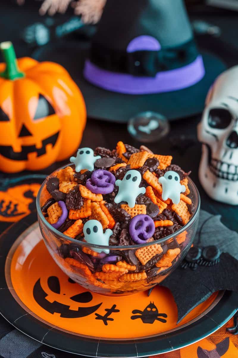 A bowl of spooky Chocolate Peanut Butter Chex Mix with Halloween-themed candies